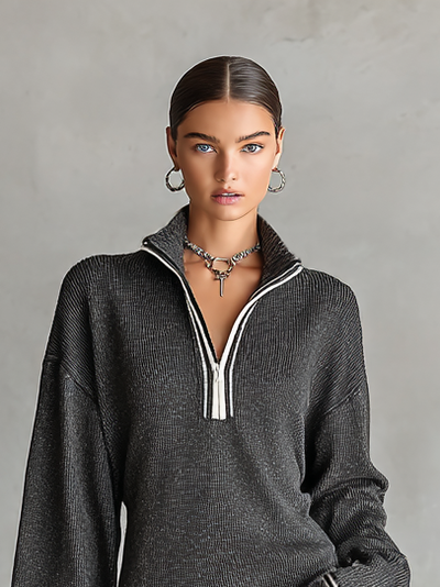 Abito Mini in Maglia Larga con Collo Polo e Zip