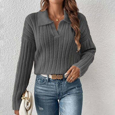 Women Sweaters Turn Down Collar Long Sleeve Thick Knit Pullovers Elegant Solid Spliced Jumpers Casual Streetwear Slight Strech