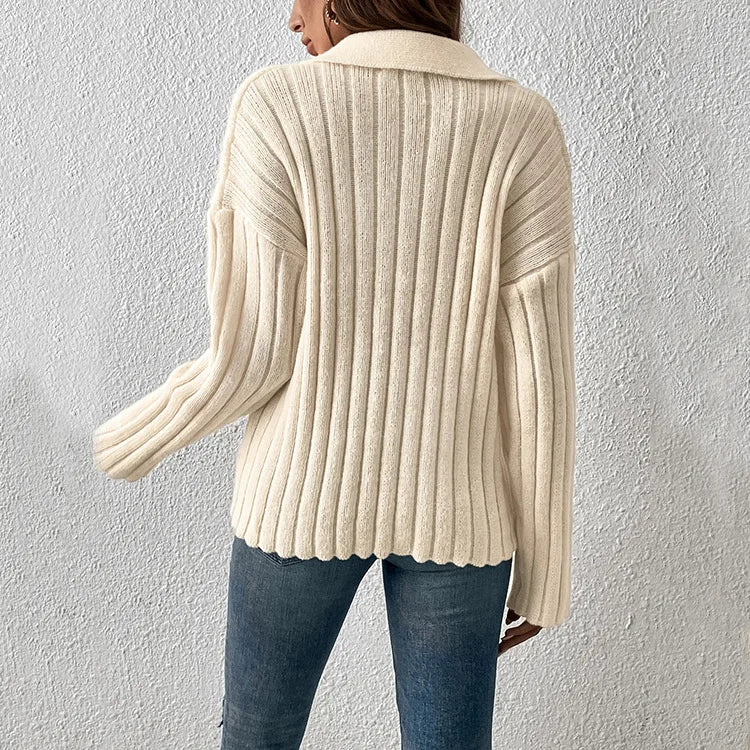 Women Sweaters Turn Down Collar Long Sleeve Thick Knit Pullovers Elegant Solid Spliced Jumpers Casual Streetwear Slight Strech