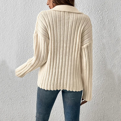 Women Sweaters Turn Down Collar Long Sleeve Thick Knit Pullovers Elegant Solid Spliced Jumpers Casual Streetwear Slight Strech