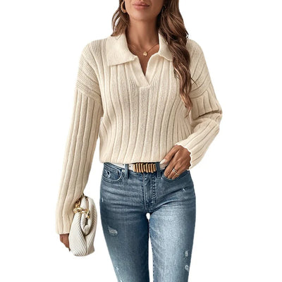 Women Sweaters Turn Down Collar Long Sleeve Thick Knit Pullovers Elegant Solid Spliced Jumpers Casual Streetwear Slight Strech