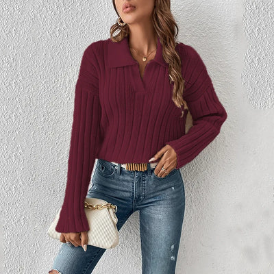 Women Sweaters Turn Down Collar Long Sleeve Thick Knit Pullovers Elegant Solid Spliced Jumpers Casual Streetwear Slight Strech