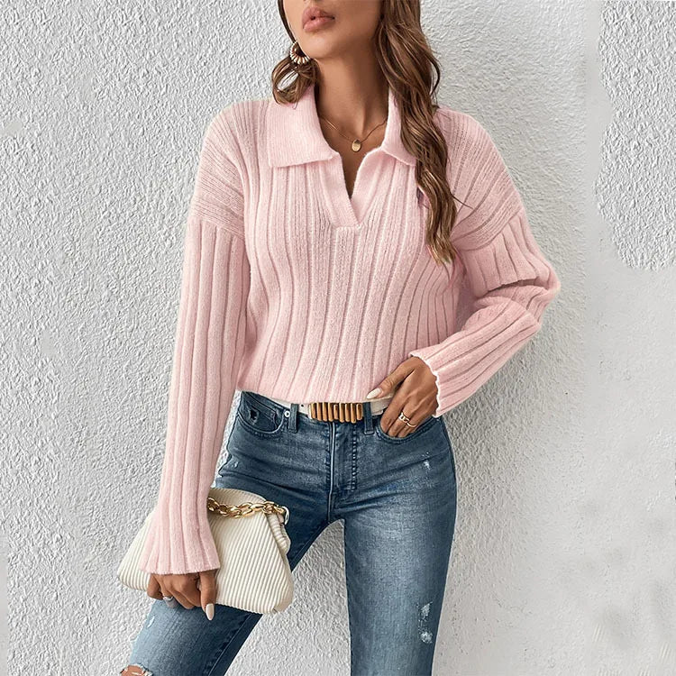 Women Sweaters Turn Down Collar Long Sleeve Thick Knit Pullovers Elegant Solid Spliced Jumpers Casual Streetwear Slight Strech