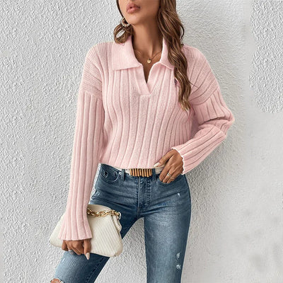 Women Sweaters Turn Down Collar Long Sleeve Thick Knit Pullovers Elegant Solid Spliced Jumpers Casual Streetwear Slight Strech