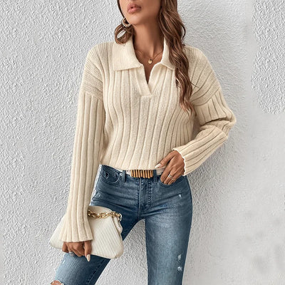 Women Sweaters Turn Down Collar Long Sleeve Thick Knit Pullovers Elegant Solid Spliced Jumpers Casual Streetwear Slight Strech